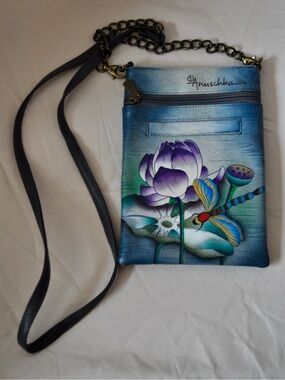 Anuschka Blue and Purple Lotus Dragonfly Crossbody Bag
